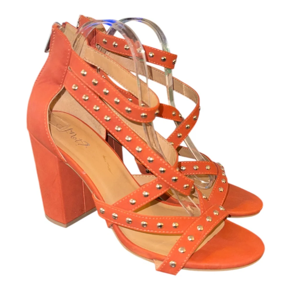 Women's Studded Block Heel Sandals, Orange, Size 10, Strappy Design